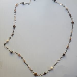 Vintage Multi Strand Gold Tone Chain Necklace Peach Brown Beads, 44inch
